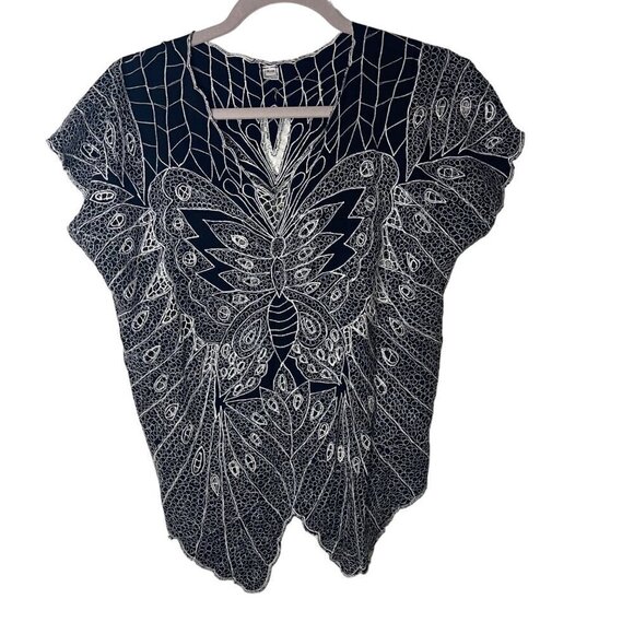 Vintage Womens Top Size Medium Black Embroidered Lace Butterfly V Neck - Picture 10 of 10